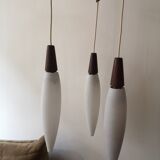 Suspension 3 lights opaline & teak, Louis Kalff 1960