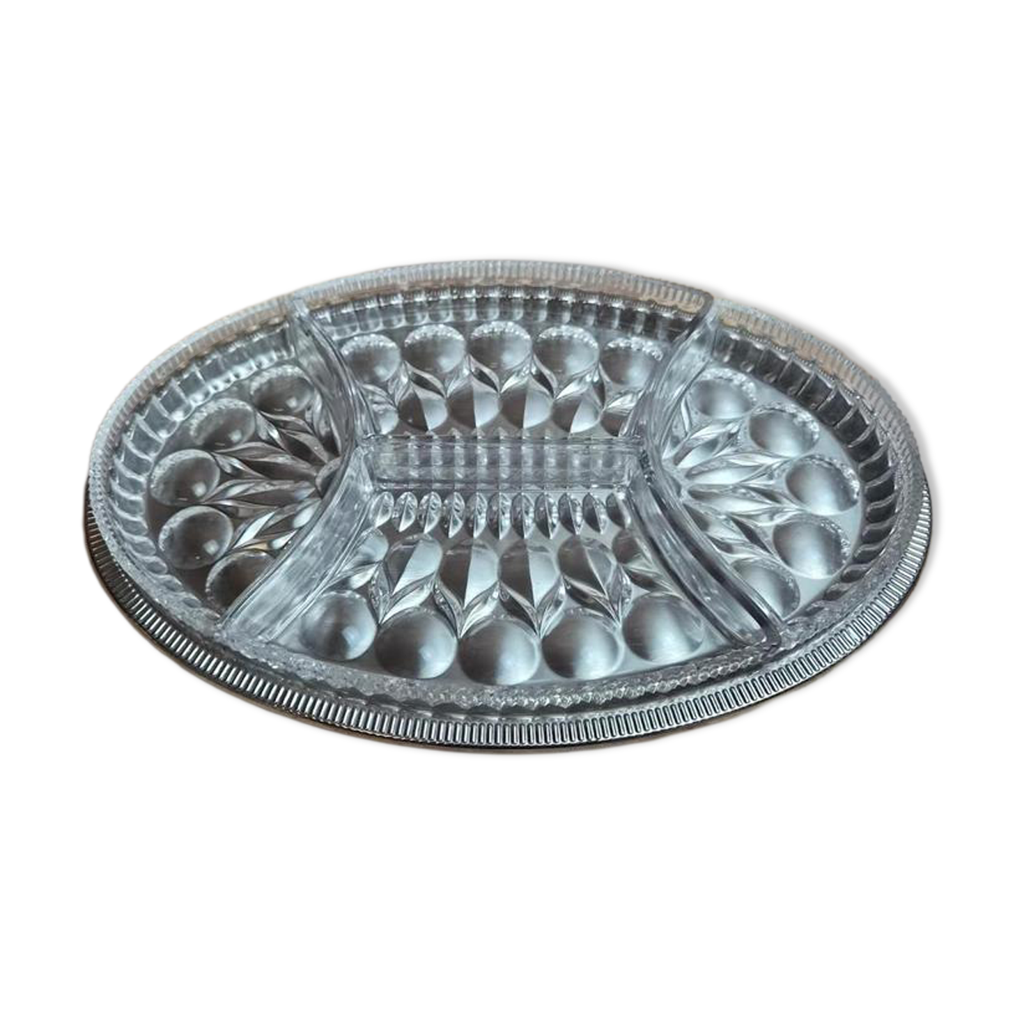 Vintage silver-plated metal tray with a segmented glass aperitif dish.