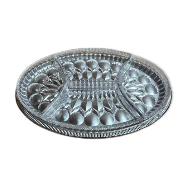 Plat apéritif compartimenté en verre sur plateau métal argenté vintage — Beyit