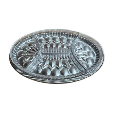 Plat apéritif compartimenté en verre sur plateau métal argenté vintage