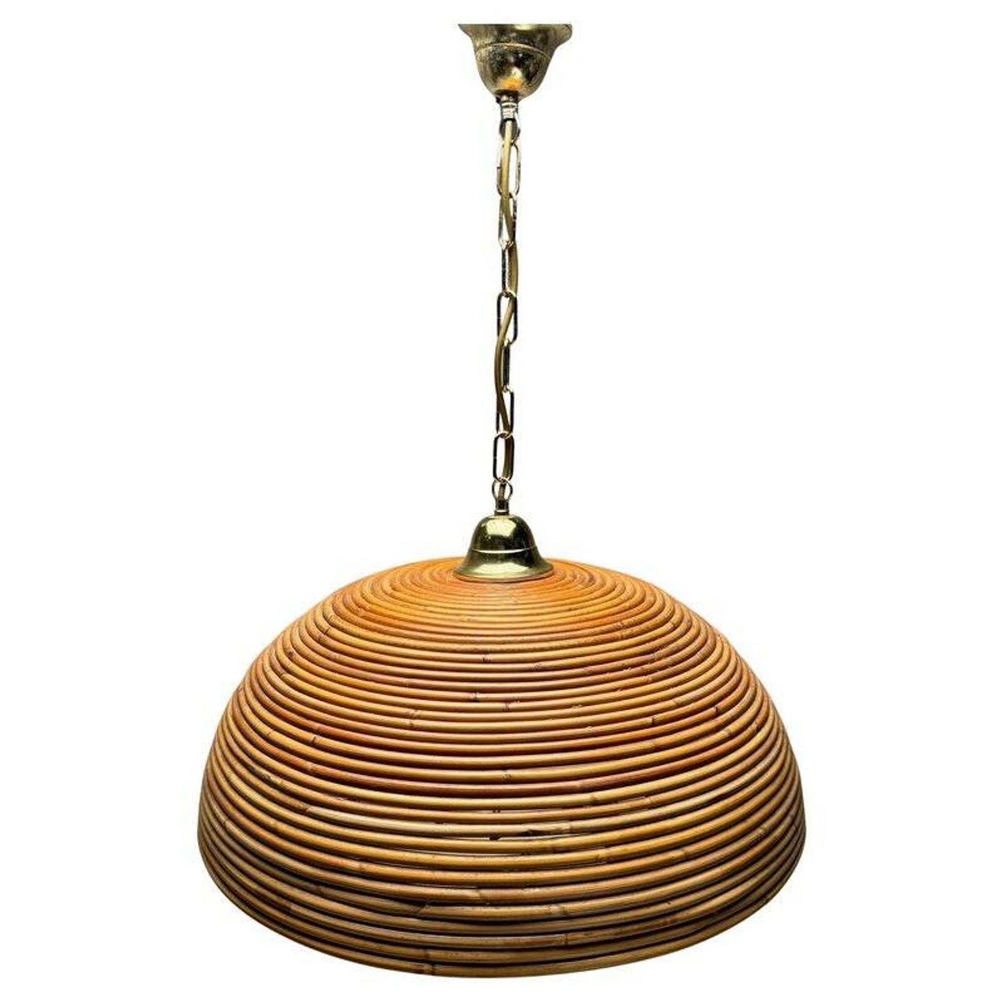 Italian Gilt Brass Rattan Bamboo Wicker Pendant, 1970s