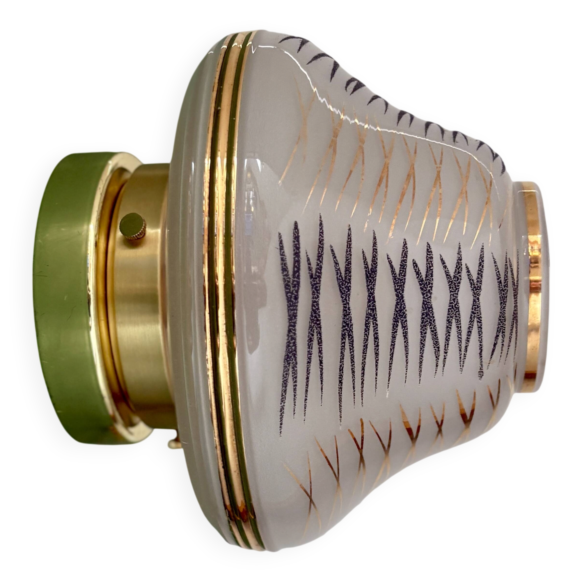 Vintage Art Deco globe wall/ceiling light in white, black, and gold glass.