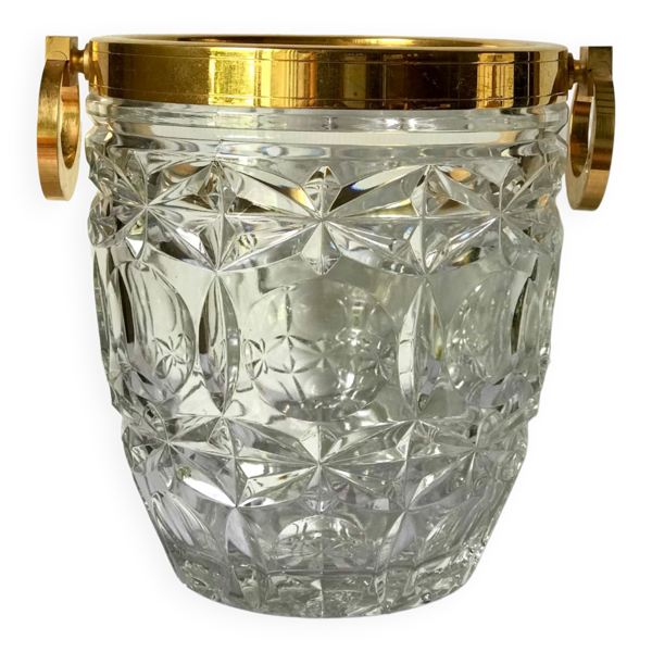 Seau à champagne en cristal taillé , col et anses en laiton