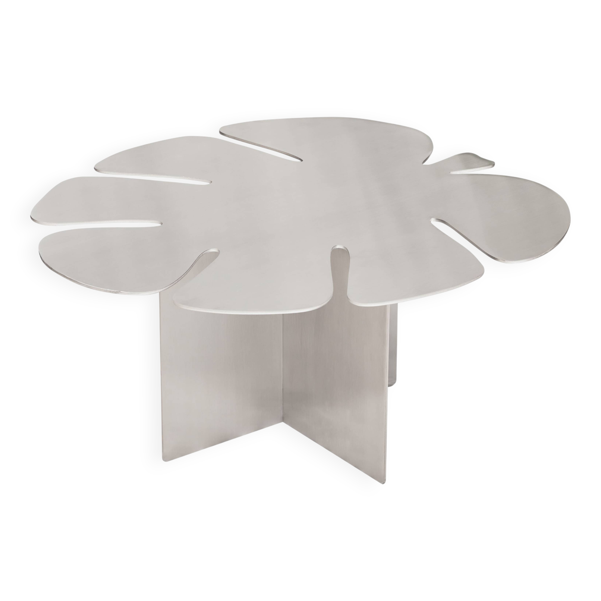 Table basse feuille Monstera – Acier inox brossé – Design sculptural