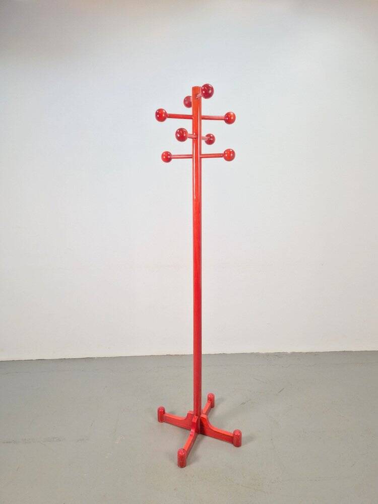 Postmodern Red Stained Beech Coat Rack with Balls, Italy, 1970s