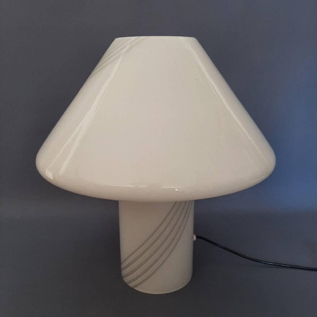 Opal Murano glass mushroom lamp with spiral stripes, 1970s modernist design.