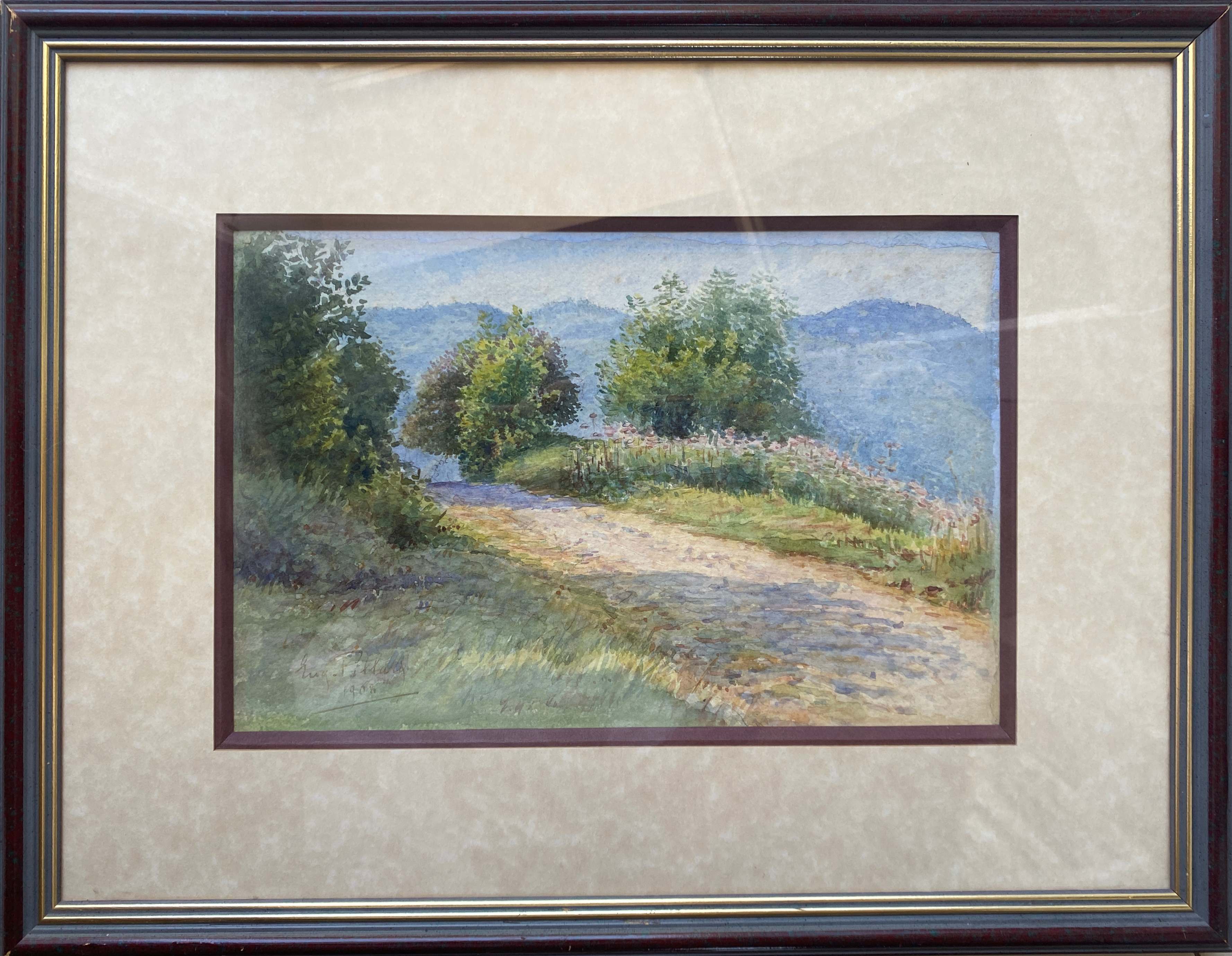 Aquarelle Eugène Pillard "Chemin de campagne" 1908