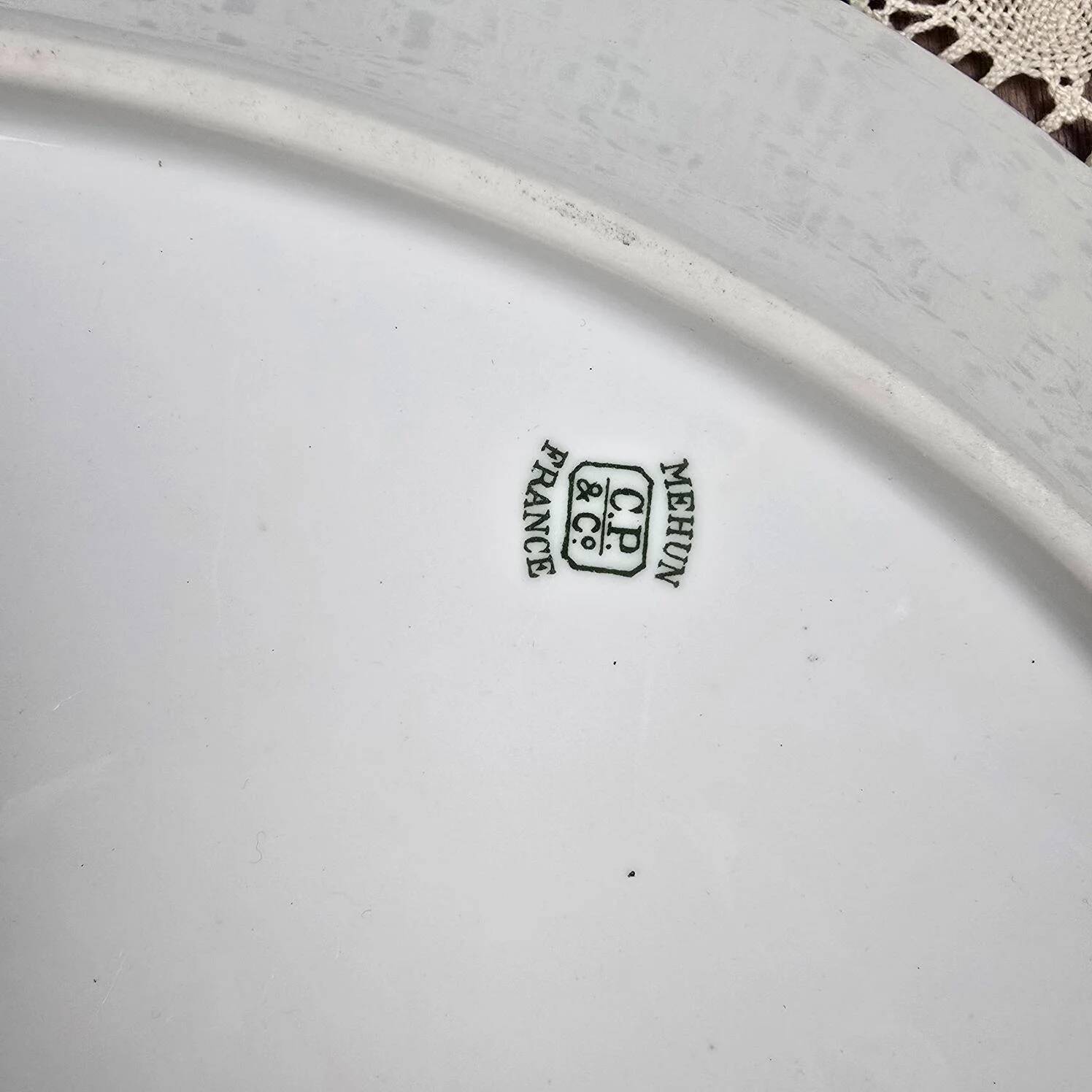 Antique oval dish Mehun France – White porcelain with green trim