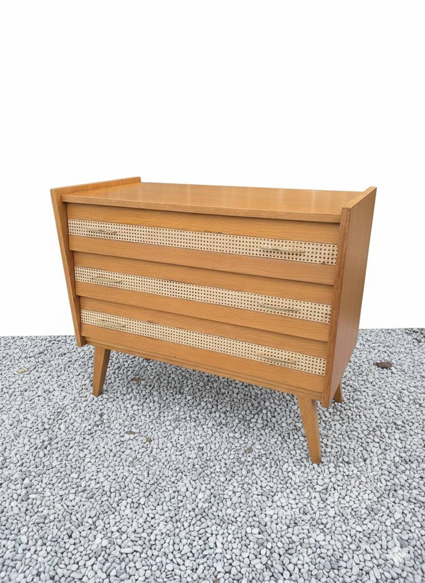 Commode vintage en chêne et cannage des années 60