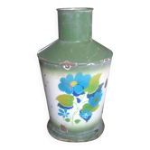 Pichet à eau émaillé vert en métal vintage 1950s, décor floral rétro