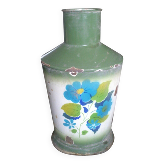 Vintage 1950s green enamelled metal water jug with retro floral decoration.