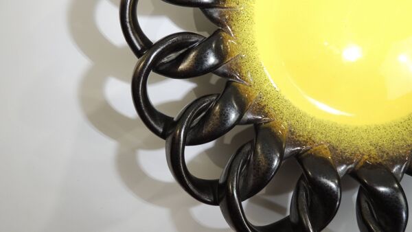 Coupe céramique tressée brun irisé et jaune/ centre de table/Coupe à fruits / Vallauris / Vintage