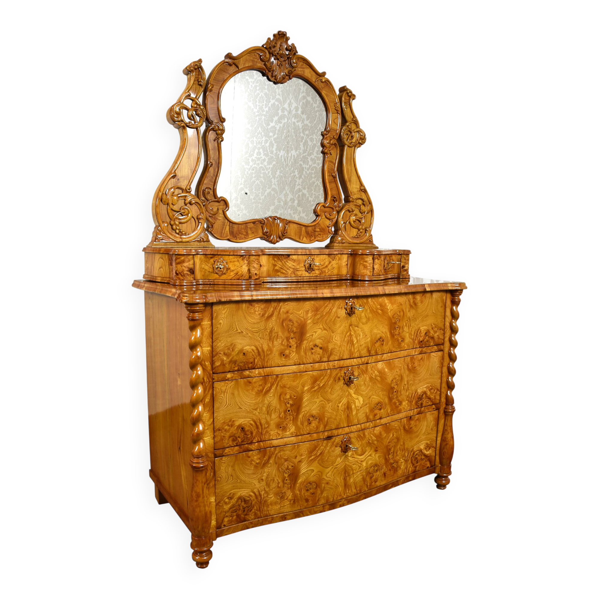 Commode coiffeuse Louis-Philippe en loupe d'orme et frêne - env. 1840-1860
