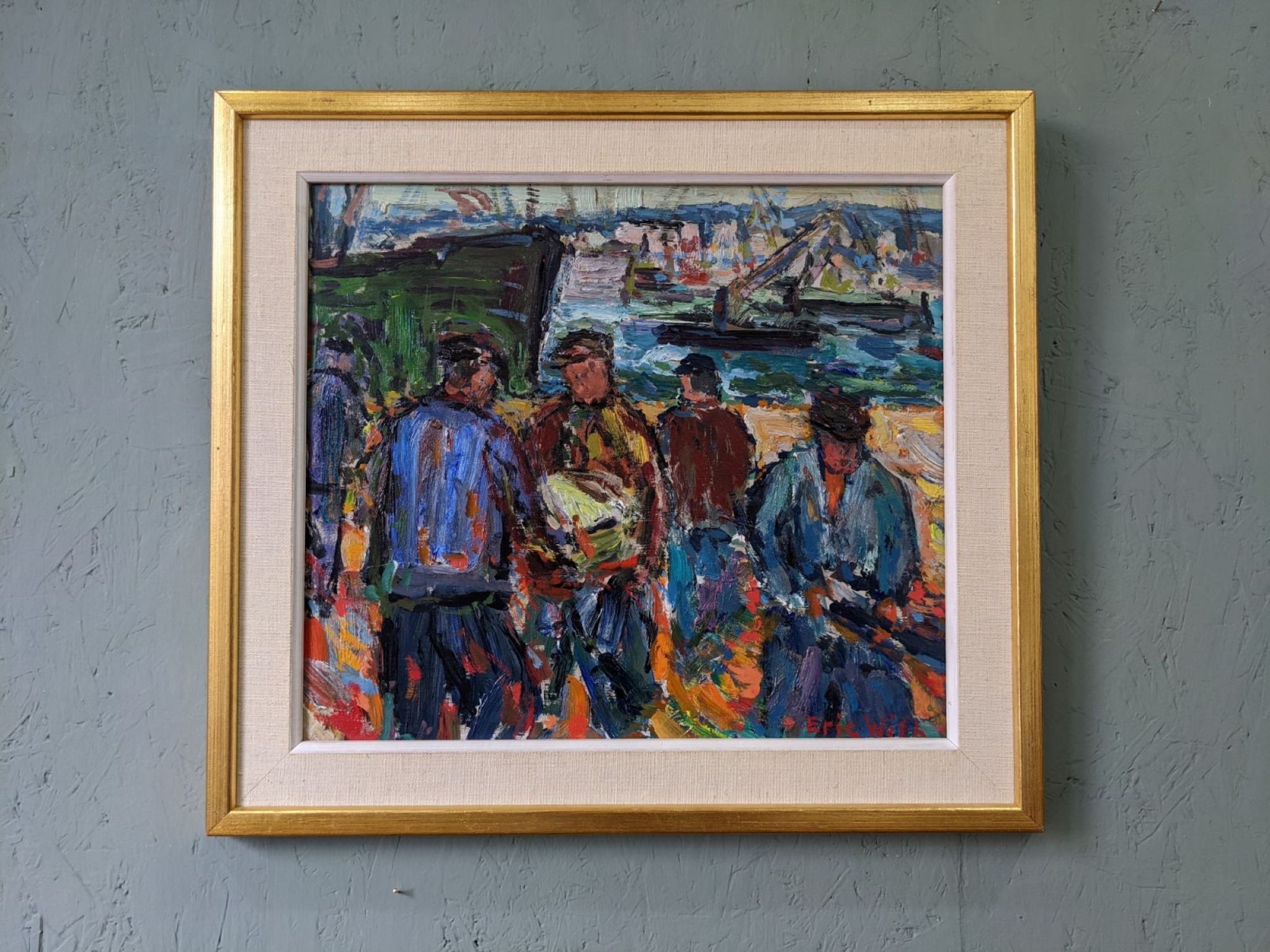 Peinture à l’huile figurative vintage suédoise « Coastal Dock » du milieu du siècle, encadrée