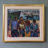 Peinture à l’huile figurative vintage suédoise « Coastal Dock » du milieu du siècle, encadrée