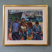 Peinture à l’huile figurative vintage suédoise « Coastal Dock » du milieu du siècle, encadrée