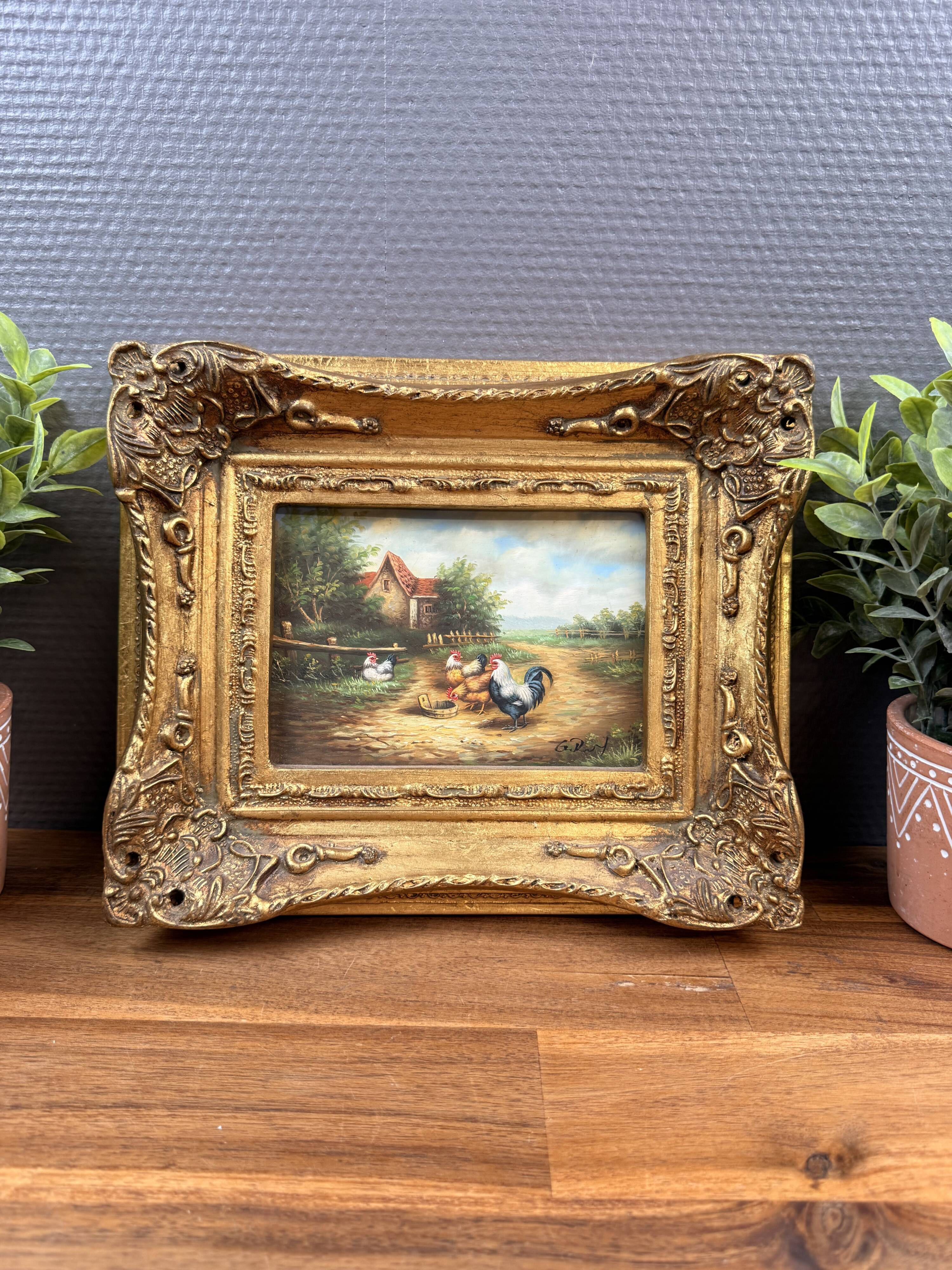 Oil on Panel Signed – Courtyard Scene with Roosters and Hens