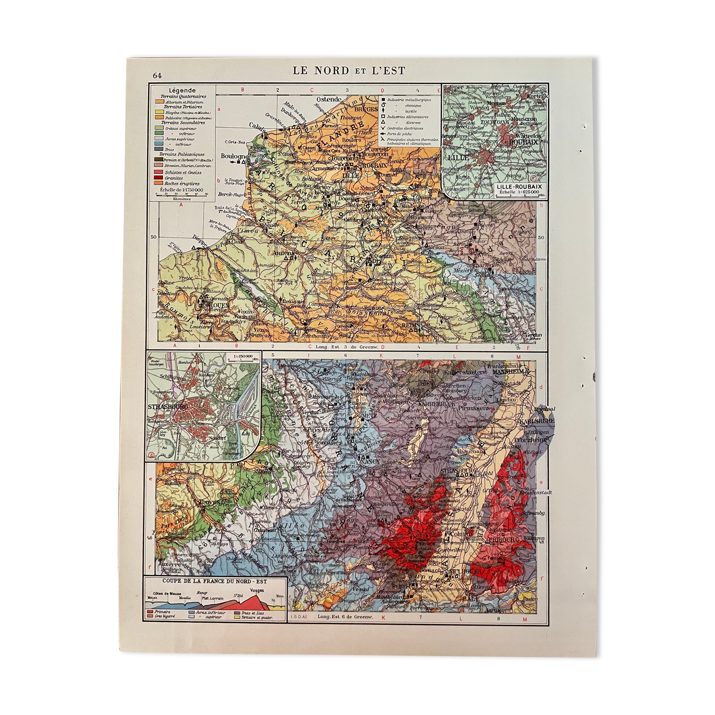 Ancienne carte du Nord et de l'Est de la France de 1945