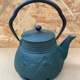Antique japanese green cast iron teapot flower decor + vintage stand