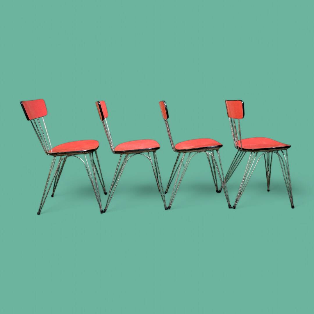 4 red Formica chairs with Eiffel legs, 1950s