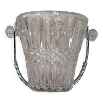 Vintage Ice Bucket Cut Glass Crystal Metal Woven Handle Longchamp