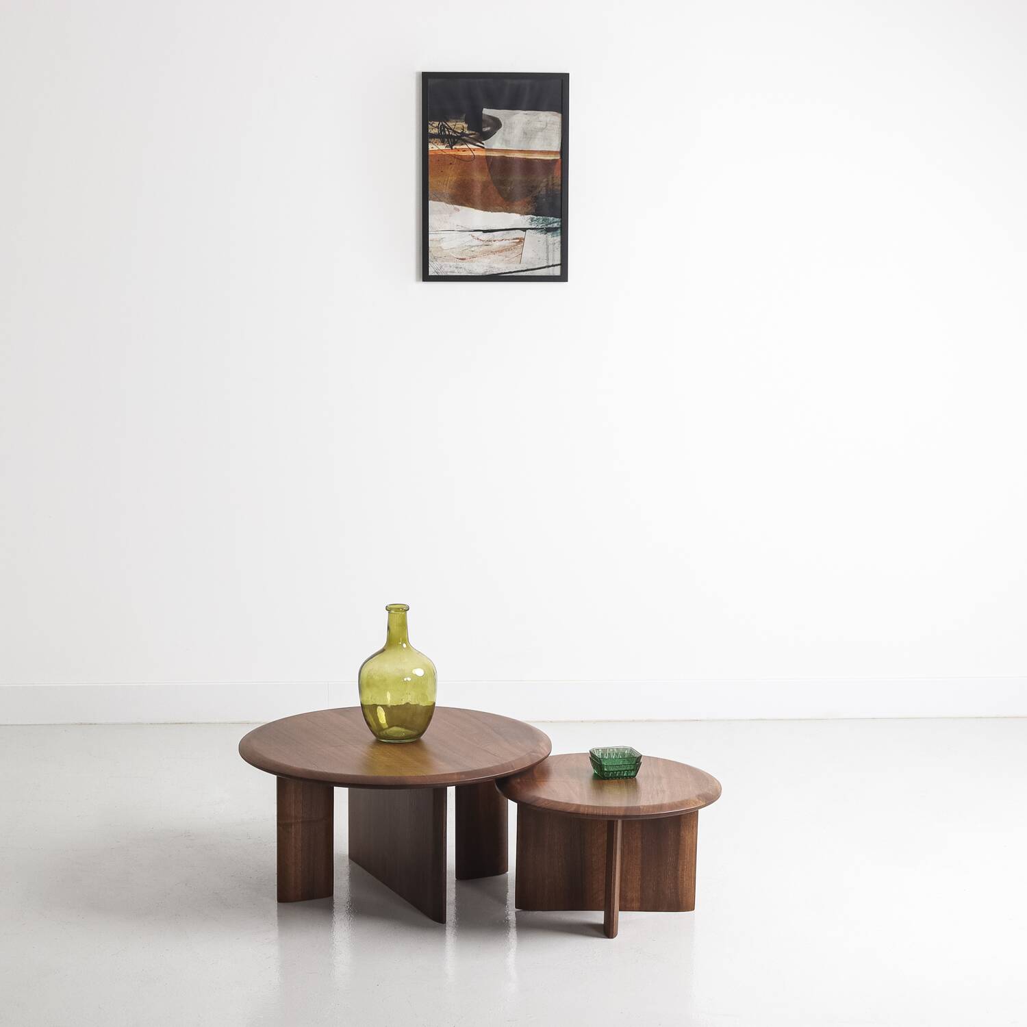 Duo of solid walnut coffee tables with a contemporary design base
