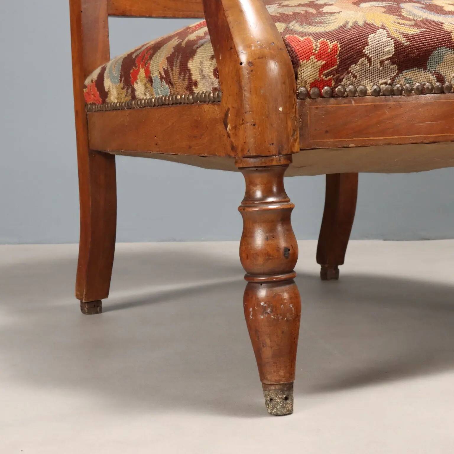 Antique walnut, maple, and fabric armchairs, Italy, late 19th century.