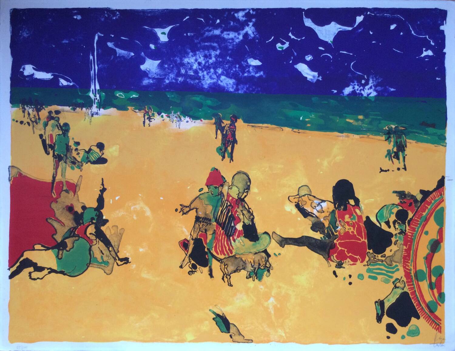 Signed lithograph. the beach with a blue sky. philippe cara costea