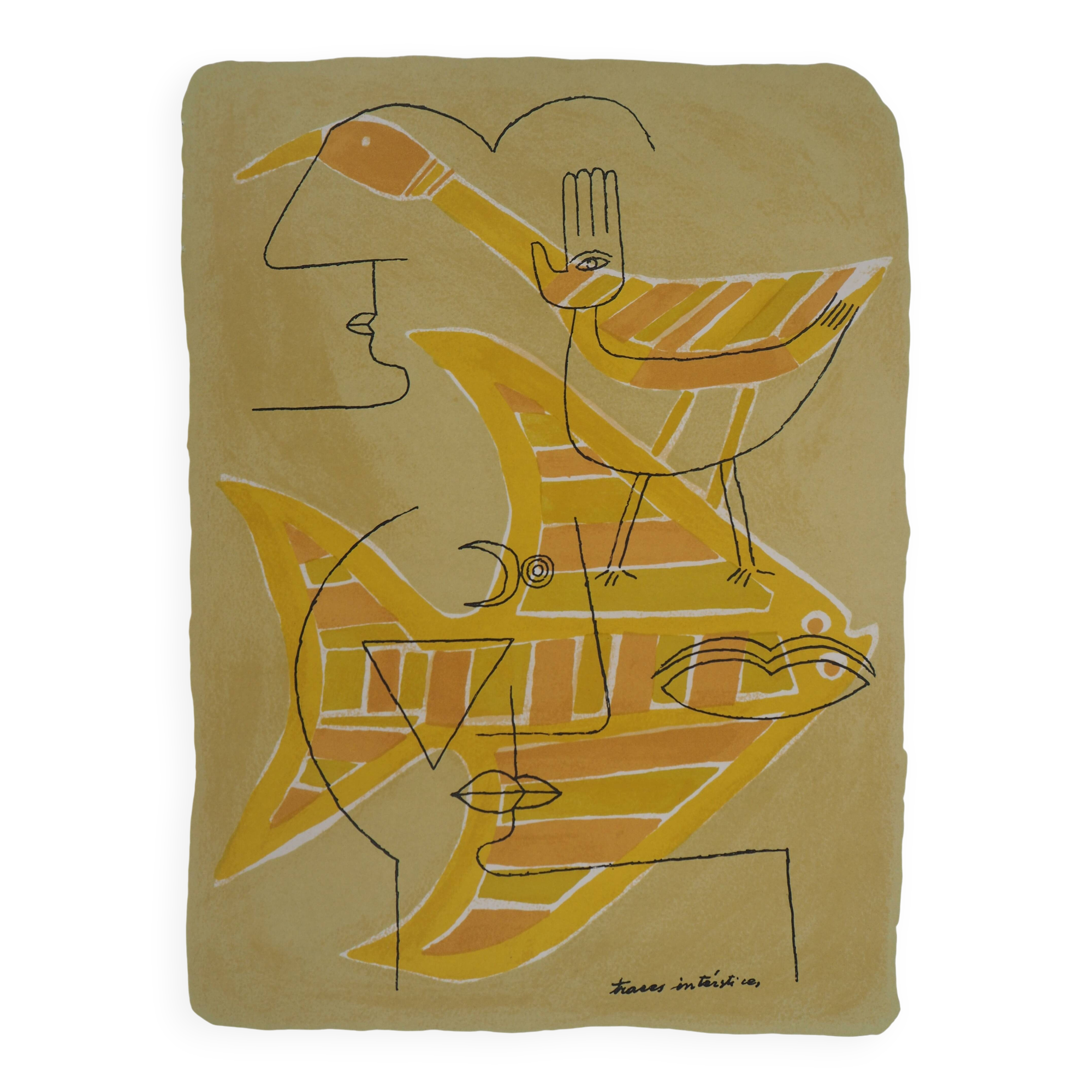Victor brauner: surrealist portrait (interstice traces) - lithograph o