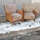 Pair of vintage cannage and fabric armchairs