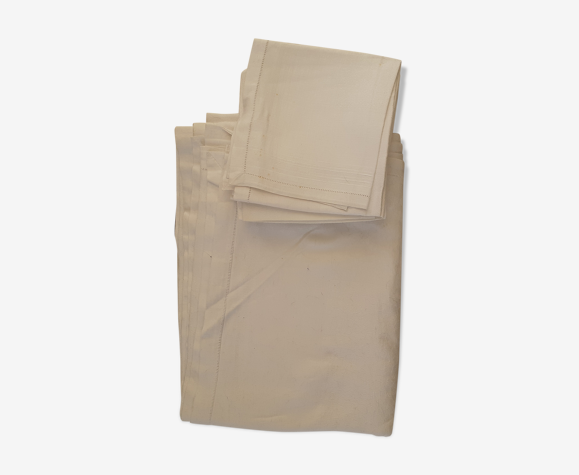 Nappe ancienne & 7 serviettes en damassé blanc, ourlet petits jours fait main