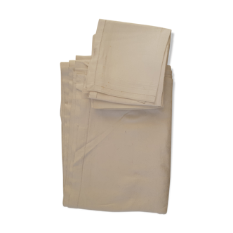 Nappe ancienne & 7 serviettes en damassé blanc, ourlet petits jours fait main