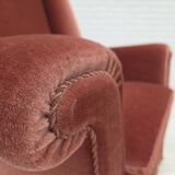 Fauteuil danois à dossier haut, années 1970, velours d'ameublement rose saumon, bois de hêtre.