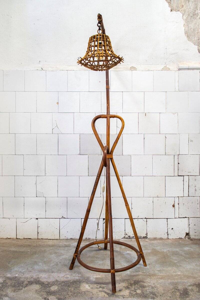 Wicker and bamboo floor lamp, Italy, 1950