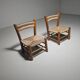 Pair of rustic French low chairs made of elm wood and straw, 1960s.