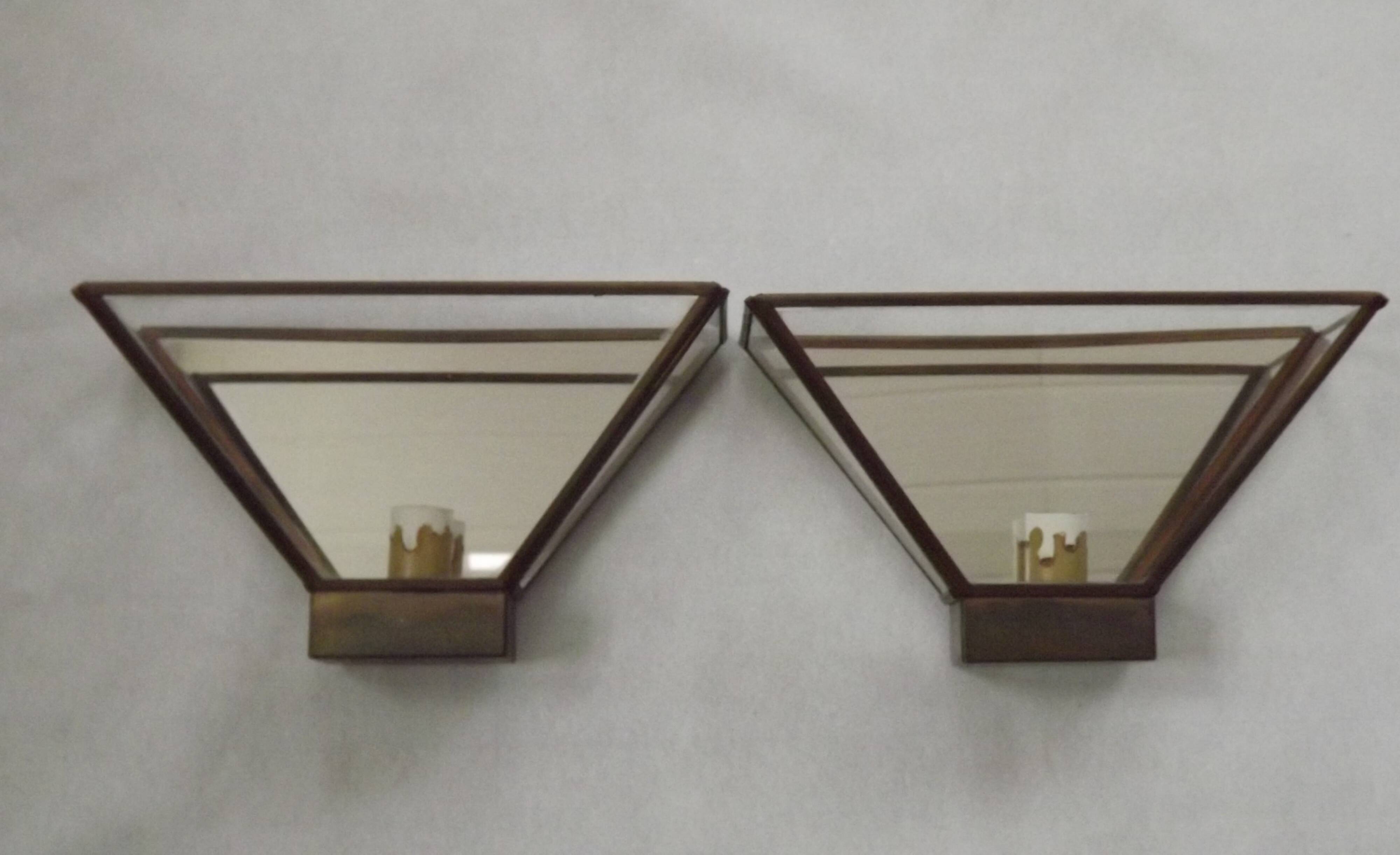 Matching Pair French Mid Century Copper & Glass Single Mirrored Wall Lights 5138
