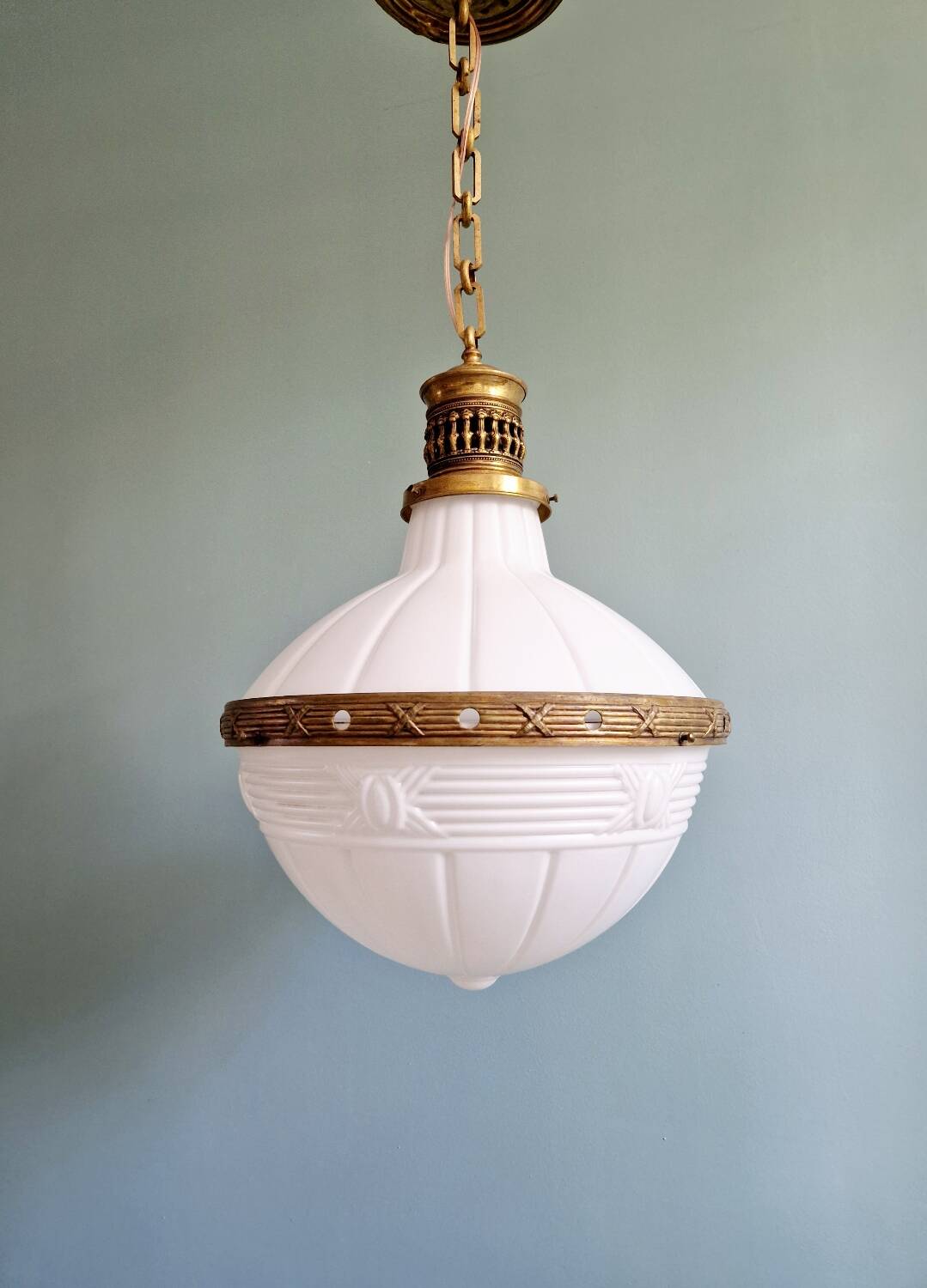 Large Art Deco pendant light in milk glass and brass, 1920s