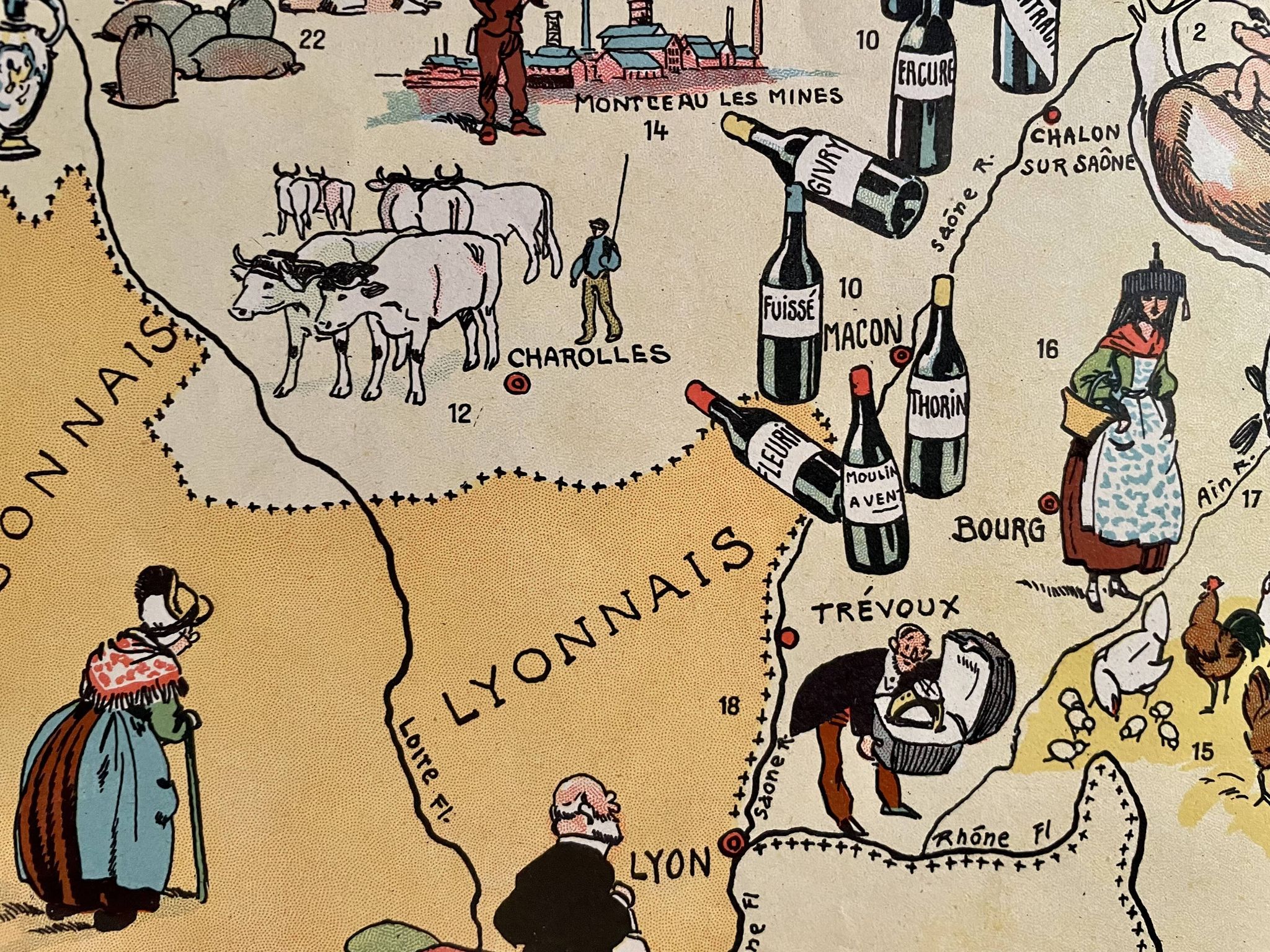 Old illustrated map of Burgundy from 1942 by JP Pinchon