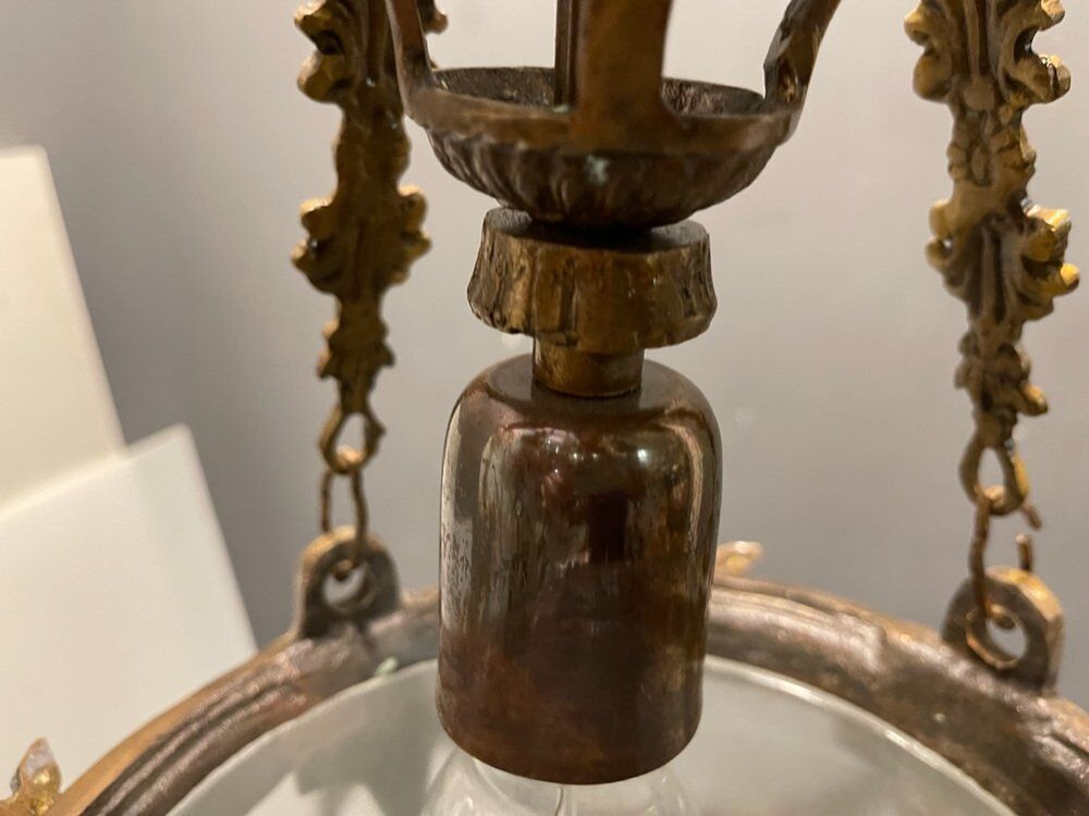 Bronze etched glass light pendants, 1970