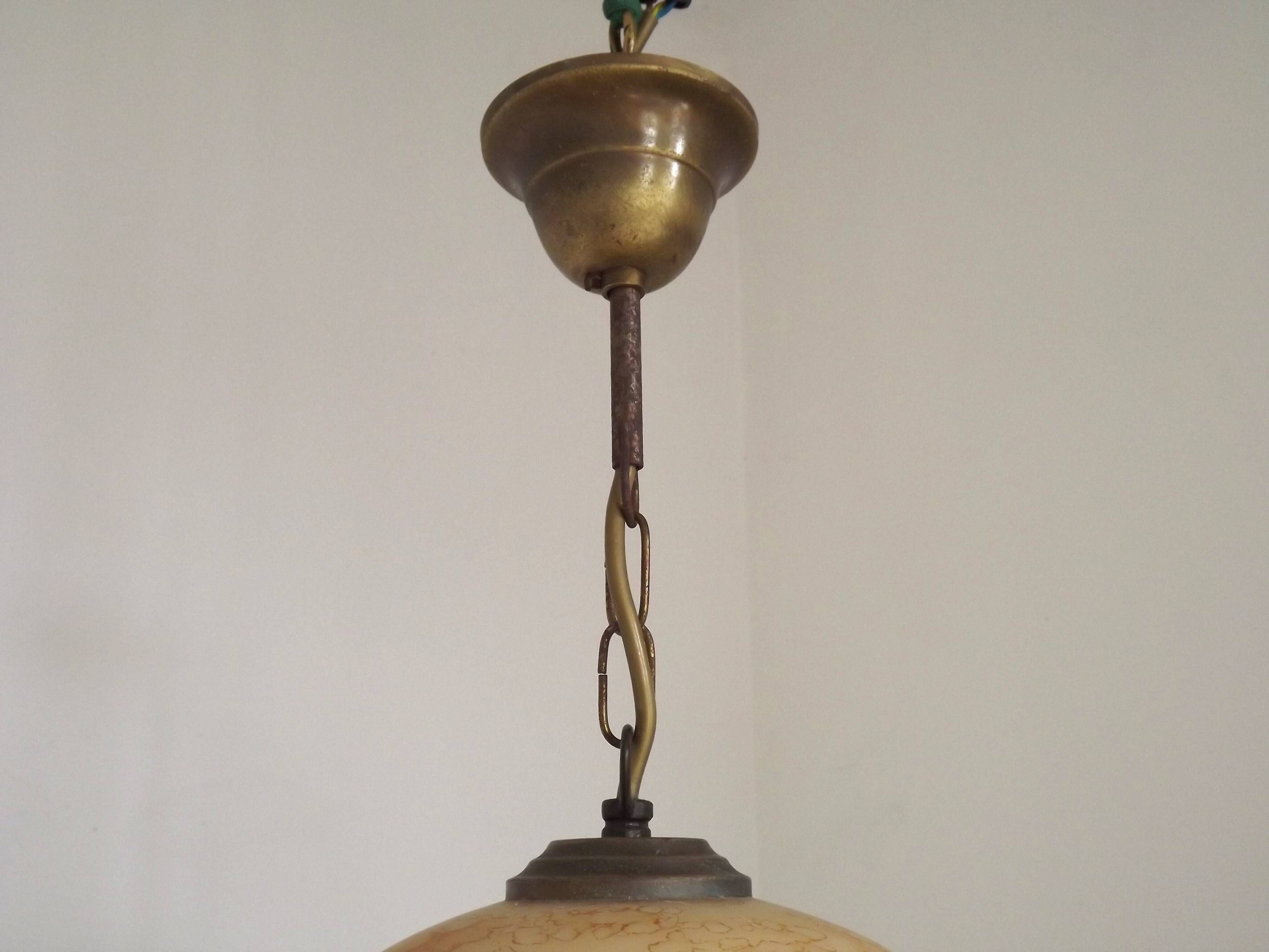 Mid Century Amber Mottled Glass Ceiling Light with Beaded Glass Fringe