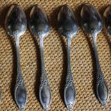 One of 6 silver-plated leafy metal soup spoons