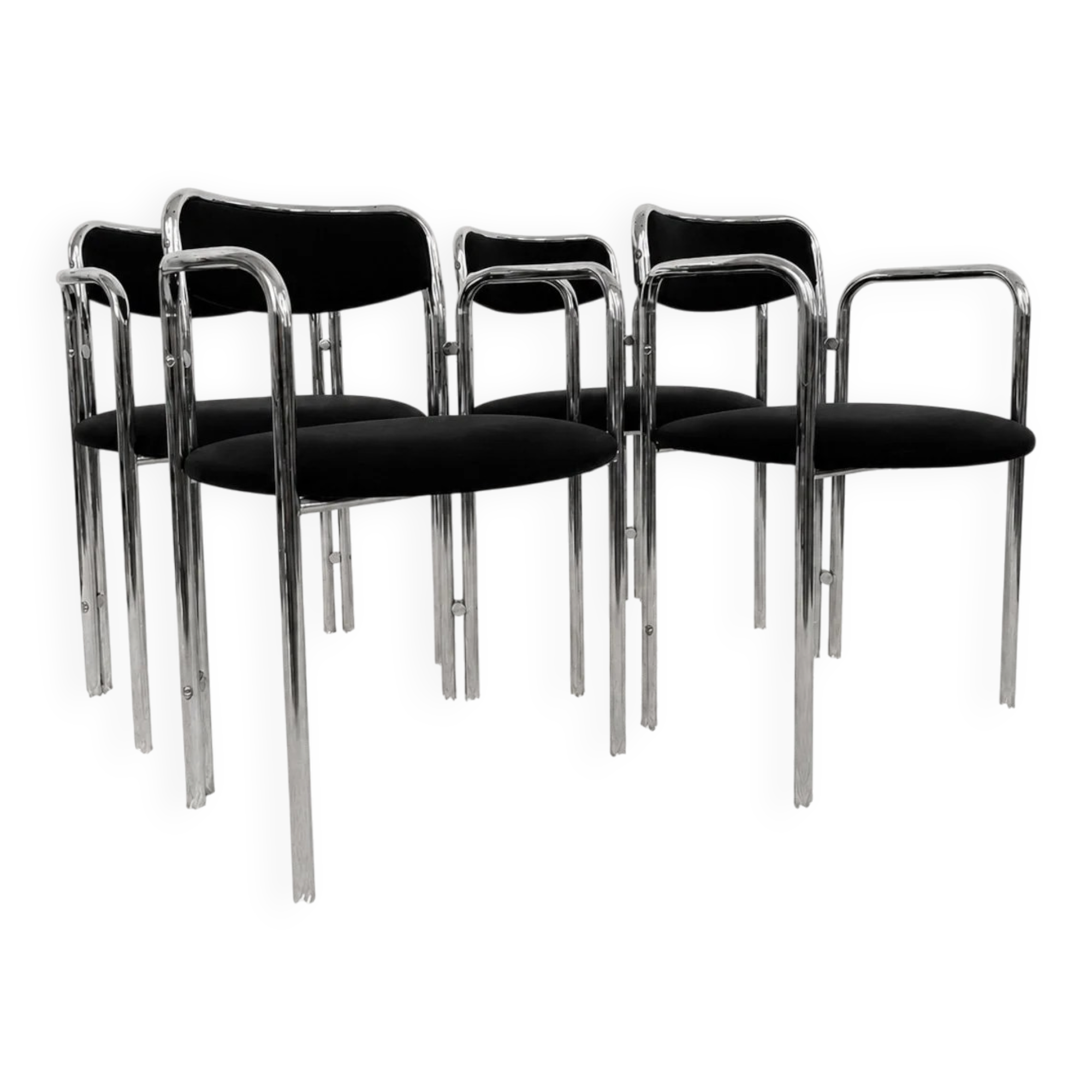 Vintage chairs with double chrome structure and black velvet. 70s
