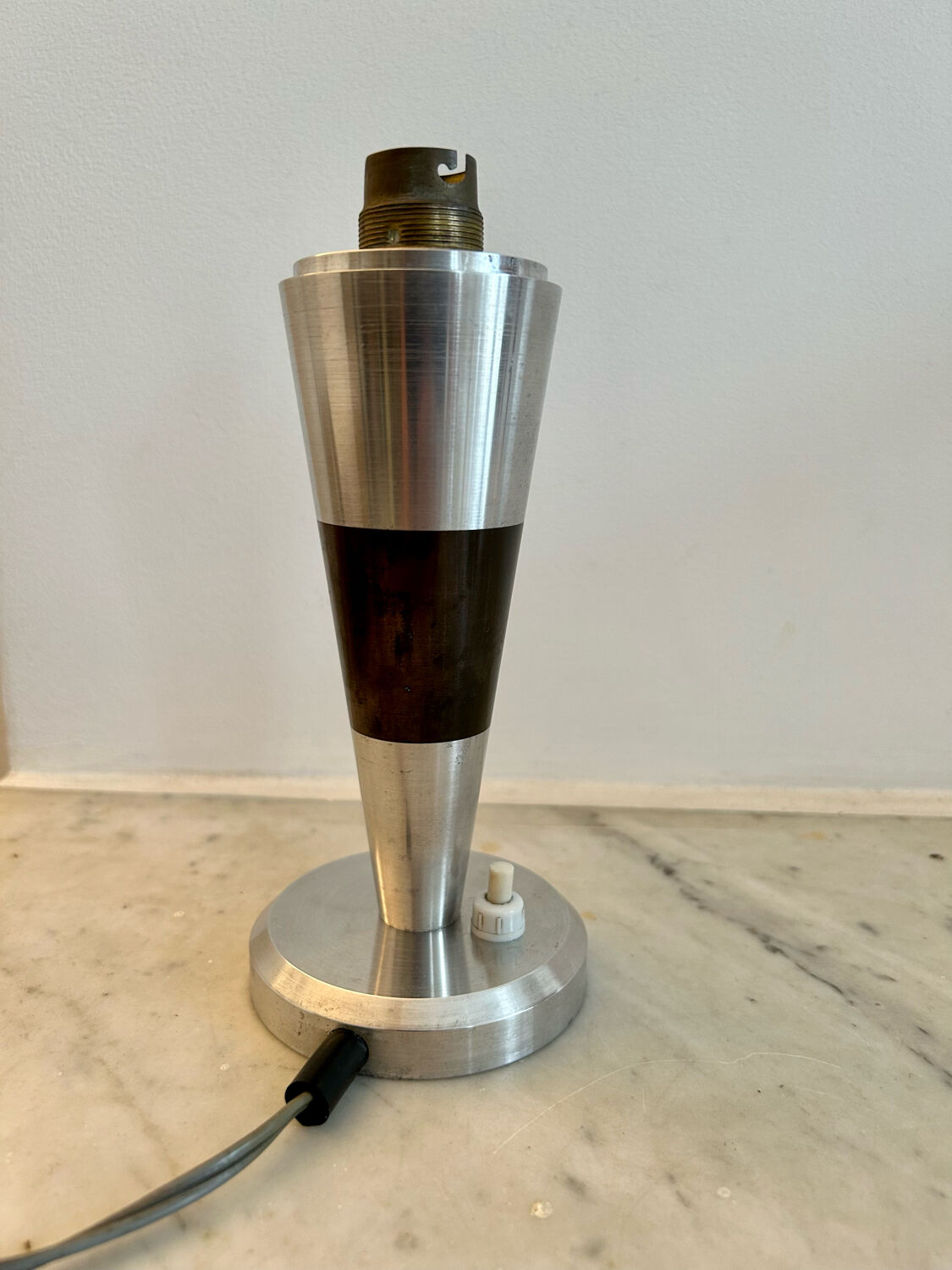 Vintage art deco lamp base, chromed metal and brass, France 1930