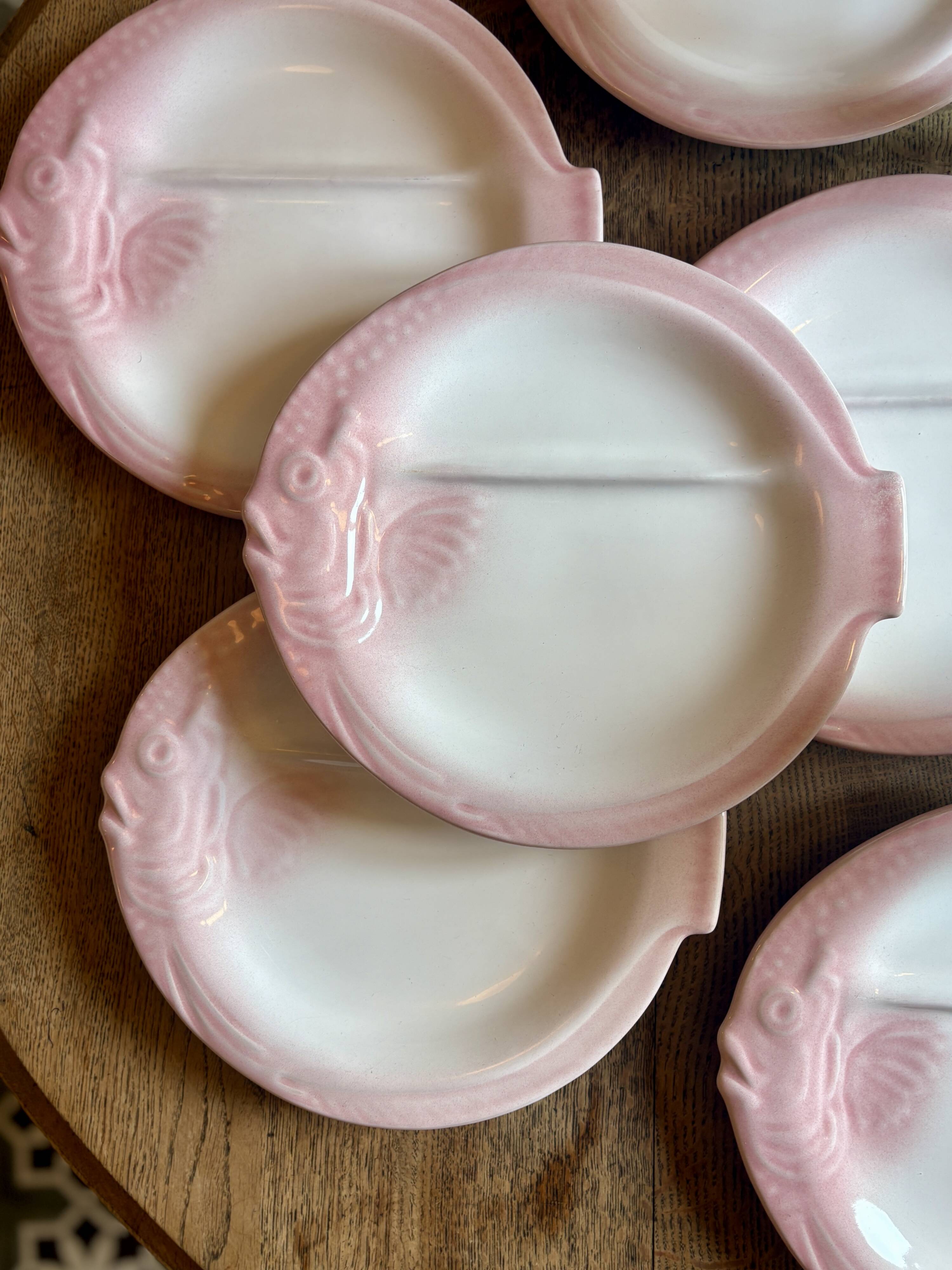 Set of 6 vintage plates in the shape of pink and gray fish - Nidervillier