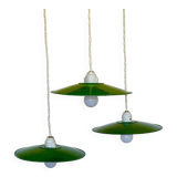 Triple industrial style pendant light with enamelled sheet metal and porcelain sockets