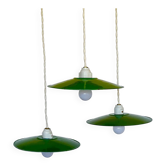 Triple industrial style pendant light with enamelled sheet metal and porcelain sockets