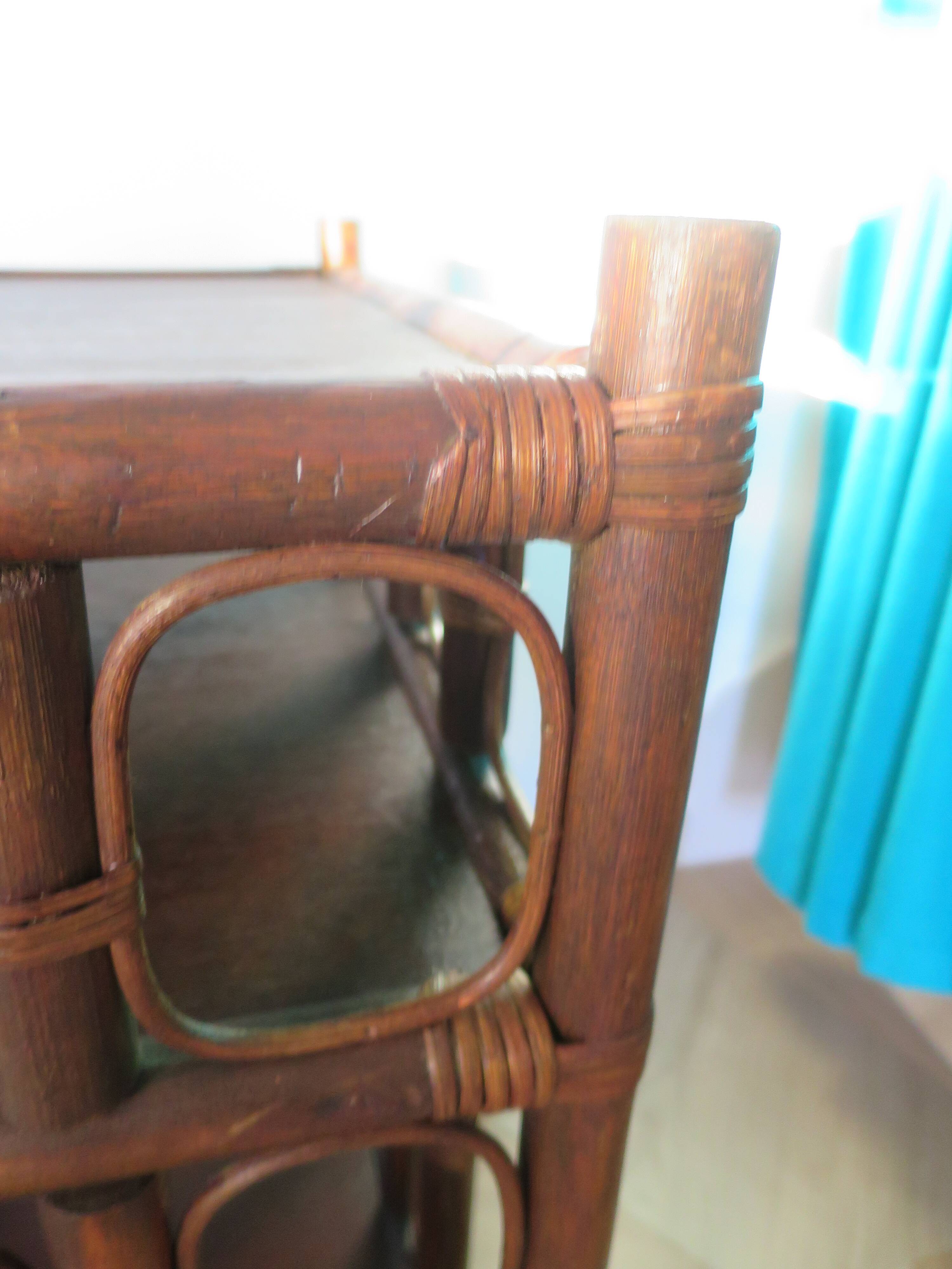Retro side table - vinyl furniture - rattan and bamboo - 1980s