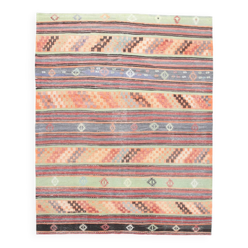Tapis kilim vintage multicolore à motifs géométriques, tons verts, orange