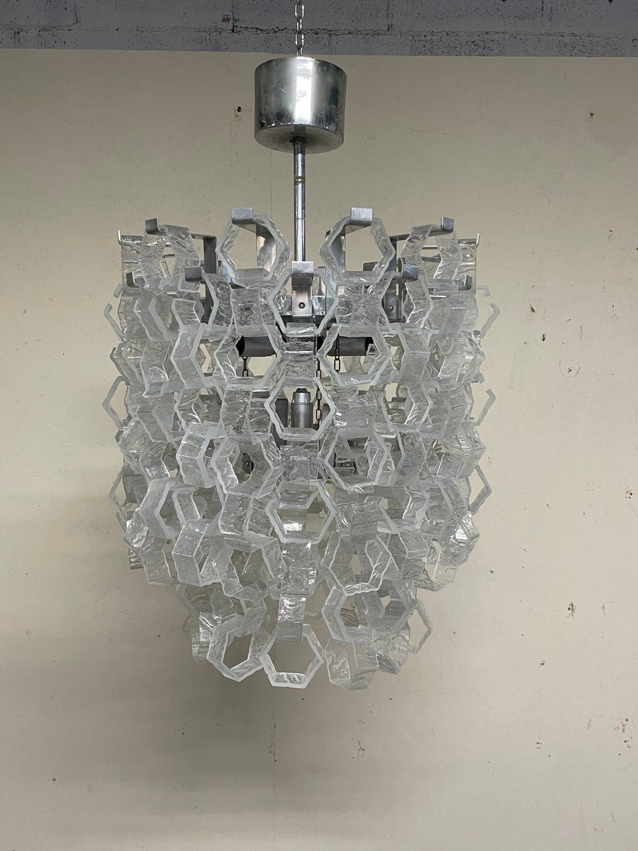 Hexagonal glass Cascade chandelier attributed to Av Mazzega, 1970s.