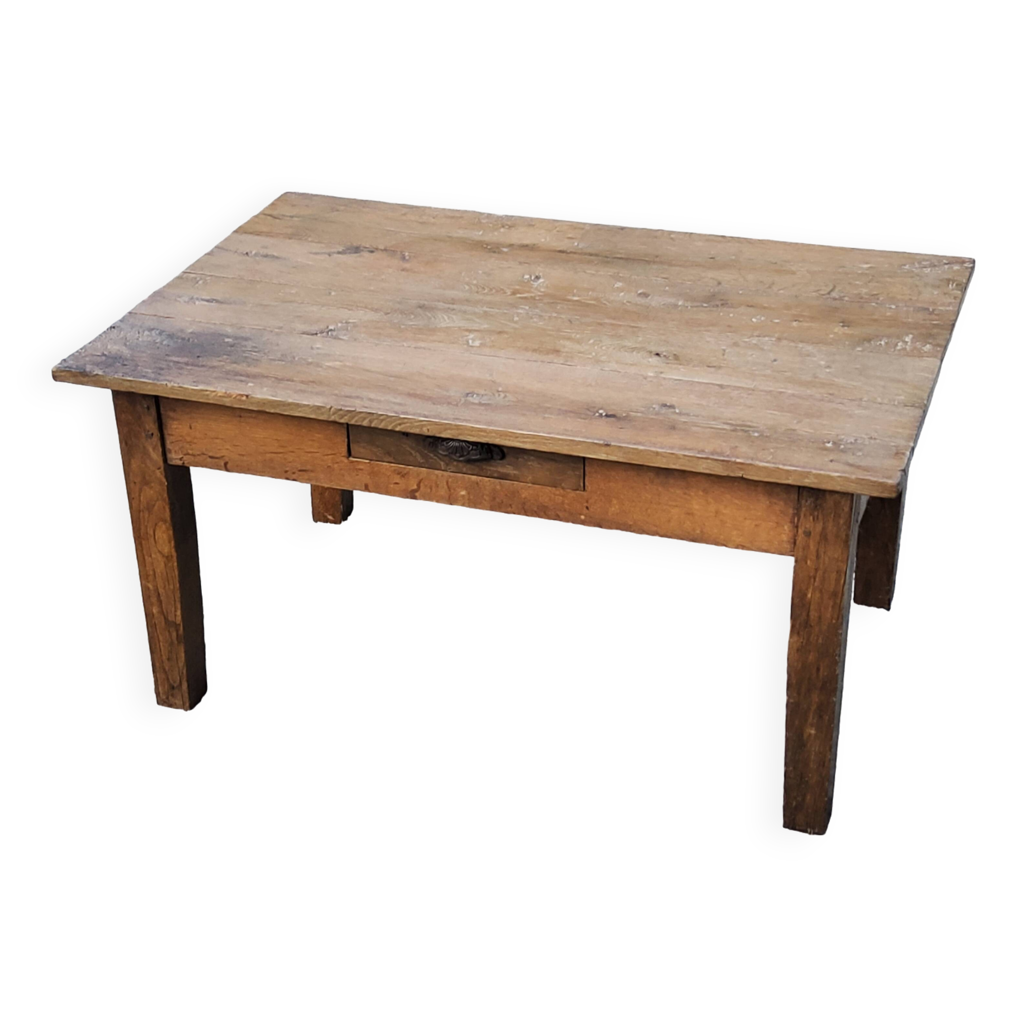 Oak farmhouse coffee table with spindle legs and one drawer, late 19th century